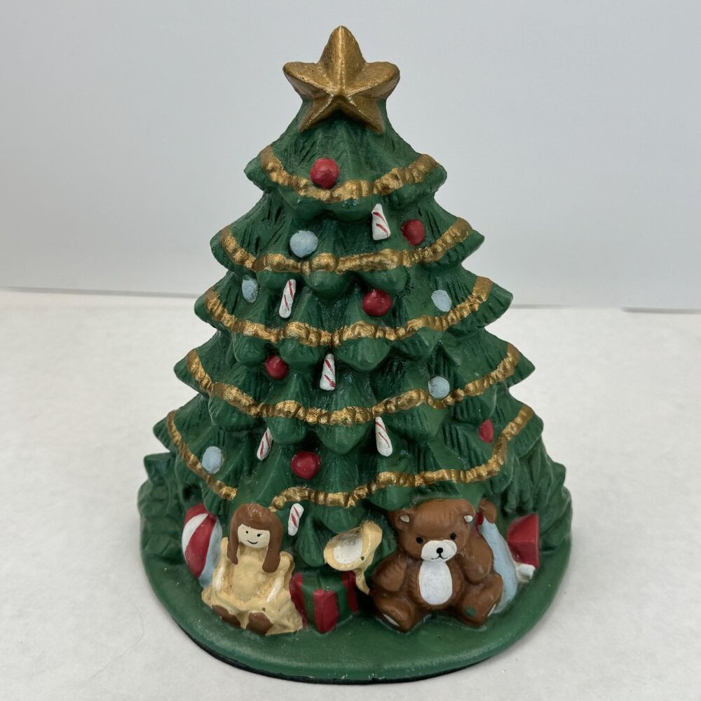 Vintage Lillian Vernon Christmas Tree Doorstop #751C Cast Iron Painted Toys 7.5"